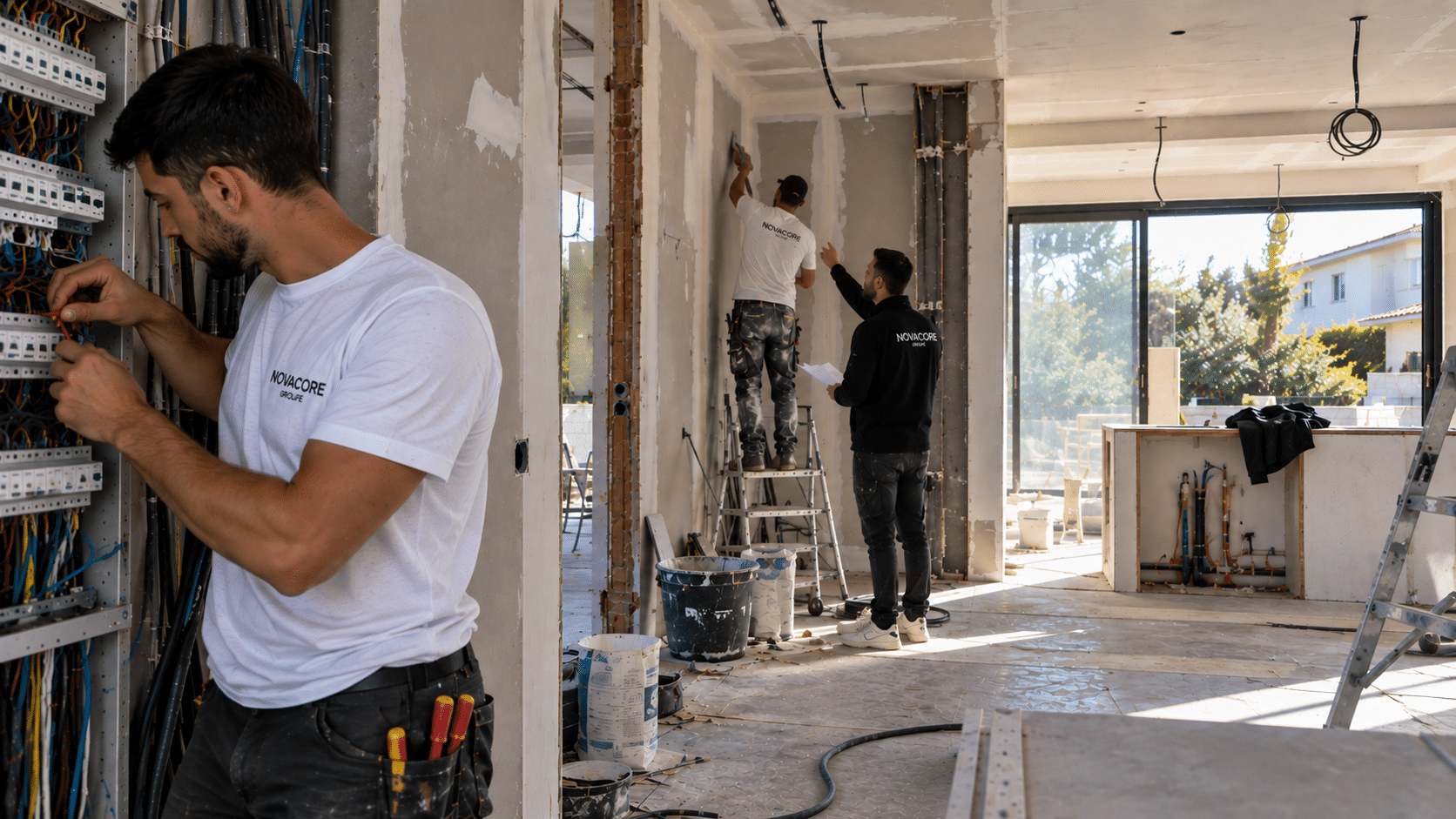 Équipe tous corps d’état coordonnant plusieurs métiers sur un chantier de rénovation à Montpellier